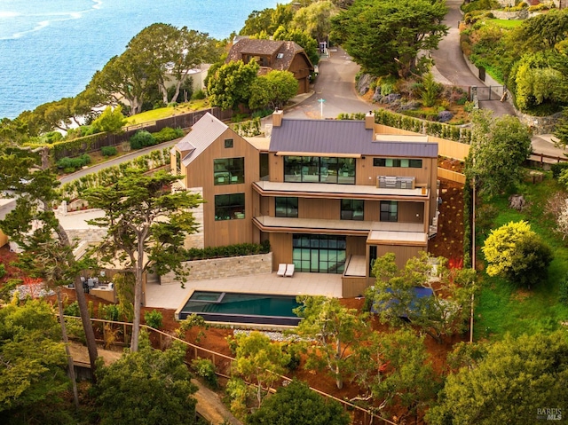 aerial view featuring a water view