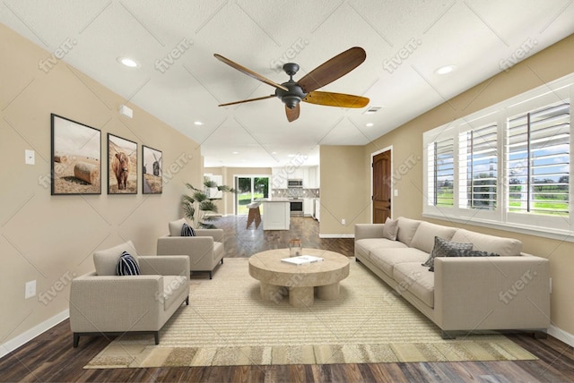 9862 Whalen Rd, Wallace, CA 95252 - living area featuring wood finished floors, ceiling fan, baseboards, and recessed lighting