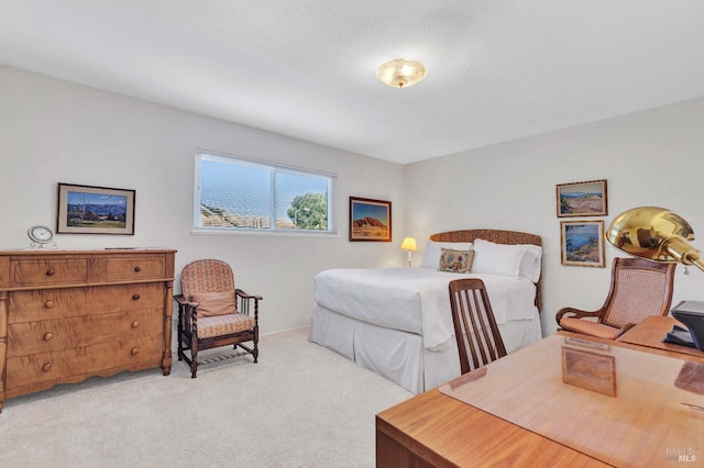 bedroom with light carpet