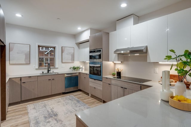 kitchen with recessed lighting, a sink, light wood-style floors, under cabinet range hood, and appliances with stainless steel finishes