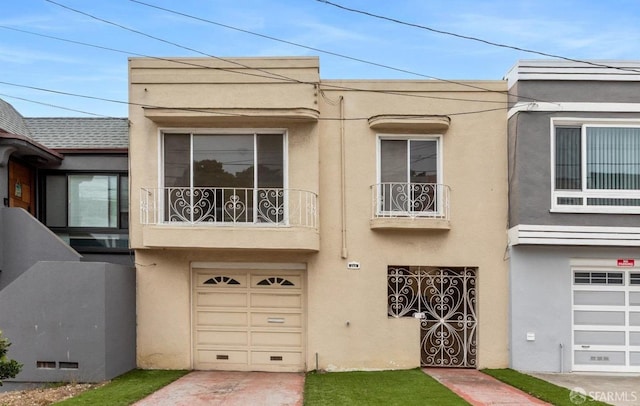 view of property with stucco siding, an attached garage, driveway, and a balcony