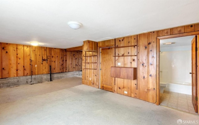 finished basement featuring wood walls and carpet flooring