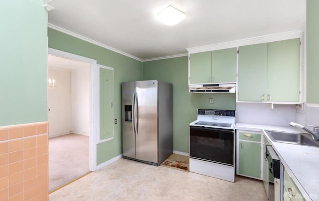 kitchen with range hood, stainless steel fridge with ice dispenser, a sink, electric range oven, and green cabinets