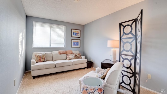 carpeted living room with baseboards and a textured ceiling