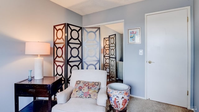 sitting room with baseboards, carpet floors, and a textured ceiling