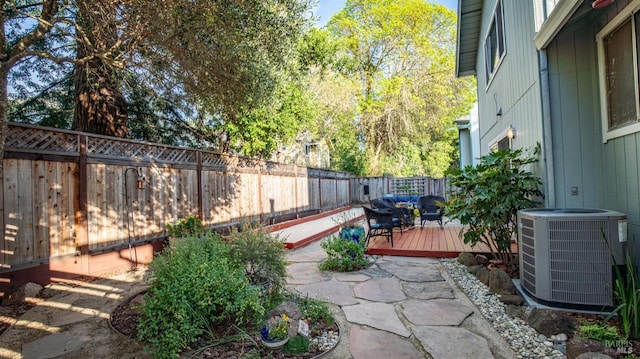 view of patio / terrace with central air condition unit, a deck, and a fenced backyard