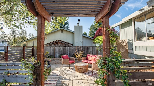 view of patio with an outdoor hangout area, a fenced backyard, and a pergola