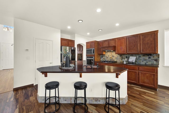 kitchen featuring premium range hood, stainless steel appliances, dark wood-type flooring, and dark countertops