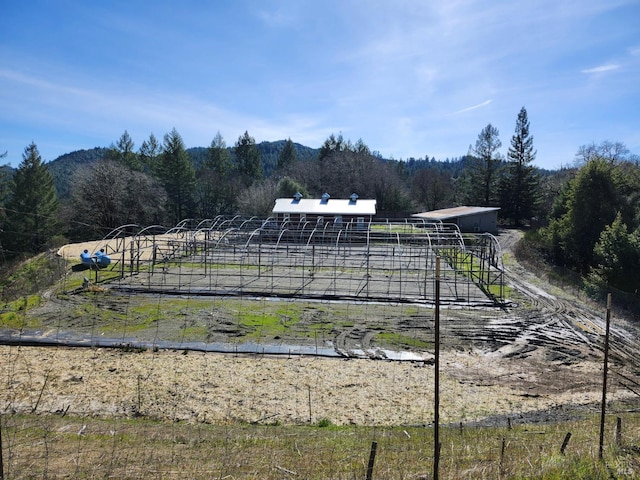 view of yard featuring a view of trees, a rural view, and an outbuilding