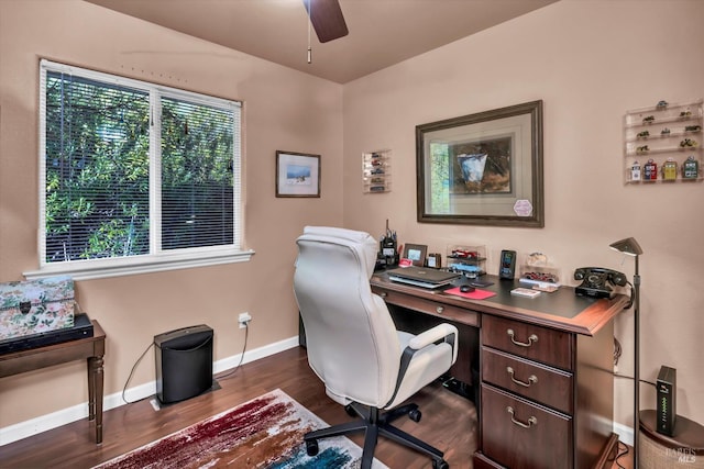 office area with plenty of natural light, dark wood-style floors, baseboards, and ceiling fan