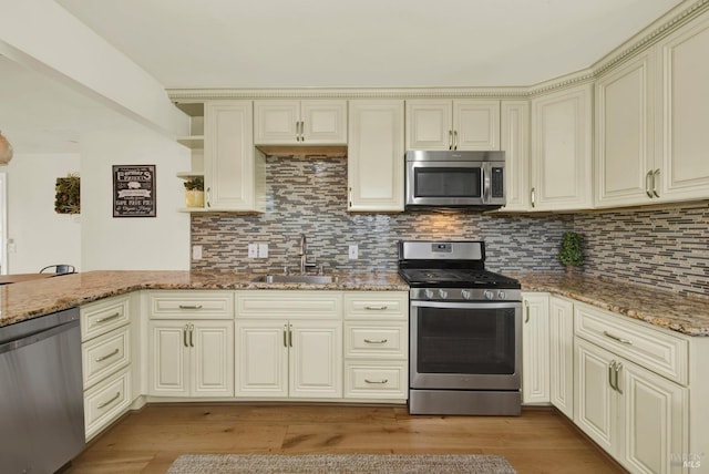 kitchen with light wood-type flooring, a sink, open shelves, backsplash, and stainless steel appliances