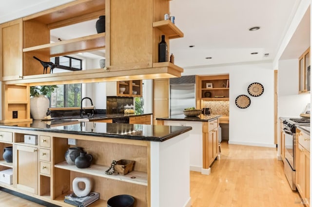 kitchen featuring tasteful backsplash, a center island, light wood-style flooring, stainless steel appliances, and open shelves