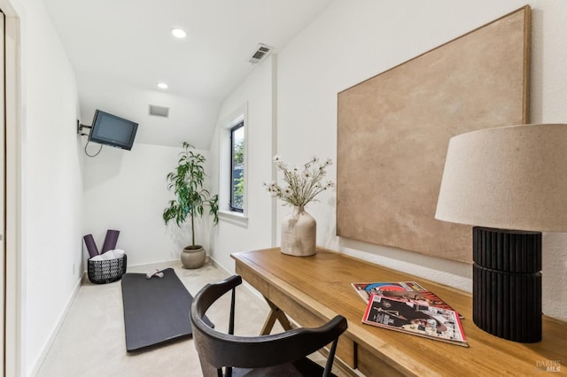 living area featuring baseboards, visible vents, carpet floors, lofted ceiling, and recessed lighting