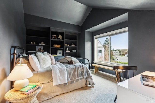 carpeted bedroom featuring baseboards and lofted ceiling