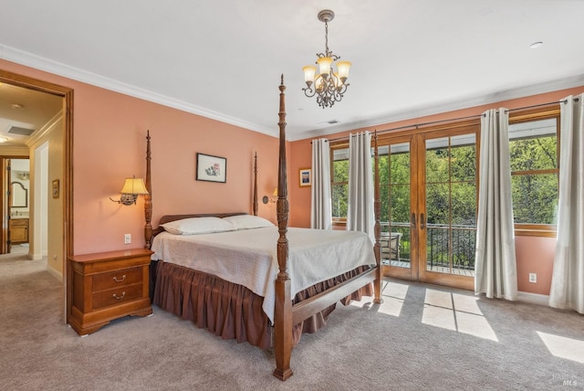 bedroom with carpet flooring, multiple windows, ornamental molding, and access to outside