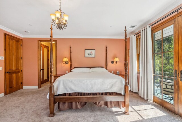 bedroom with access to exterior, light carpet, visible vents, and ornamental molding