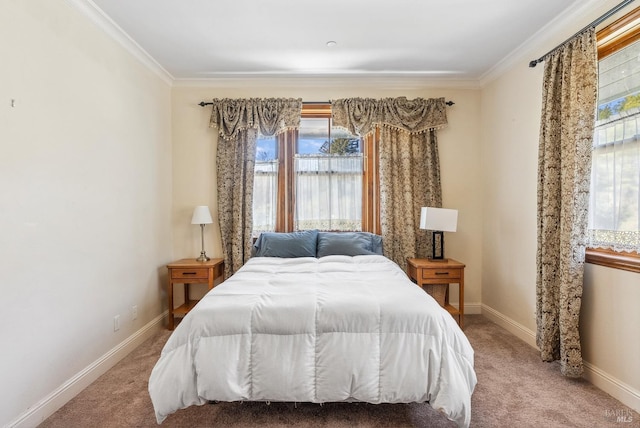 bedroom featuring multiple windows, carpet floors, and ornamental molding