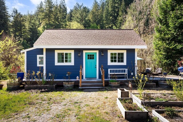 bungalow-style home featuring a garden and roof with shingles