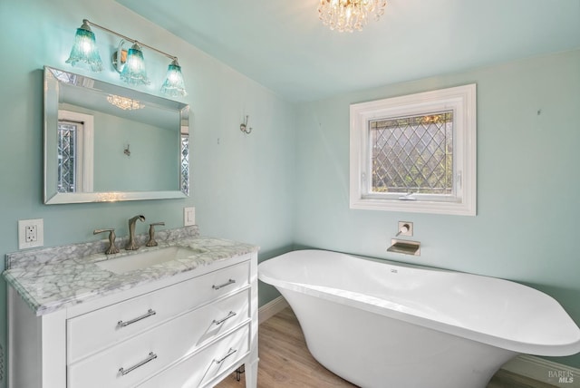 full bathroom featuring a freestanding tub, baseboards, wood finished floors, and vanity