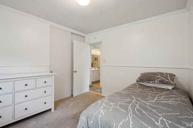 bedroom featuring light colored carpet and crown molding