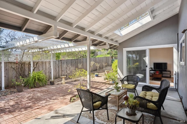 view of patio / terrace featuring a pergola, outdoor lounge area, and fence