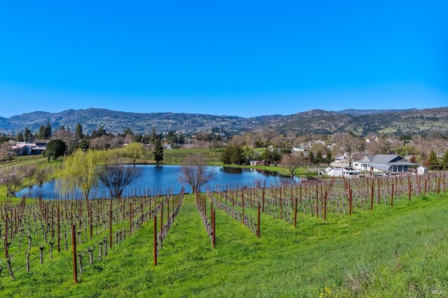 view of water feature featuring a rural view, fence, and a mountain view