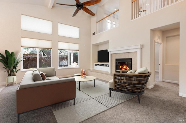 2550 Duncan St, Dixon, CA 95620 - living room with ceiling fan, plenty of natural light, carpet flooring, a towering ceiling, and beamed ceiling