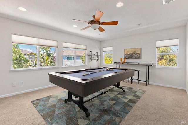 2550 Duncan St, Dixon, CA 95620 - recreation room with carpet, billiards, recessed lighting, baseboards, and ceiling fan