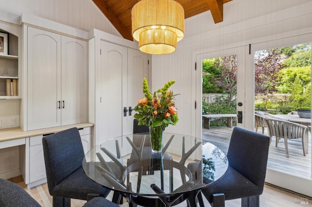 dining room featuring light wood-type flooring, wood ceiling, and vaulted ceiling