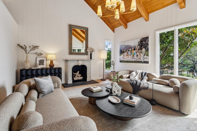 living area featuring beam ceiling, a healthy amount of sunlight, wooden ceiling, and a premium fireplace