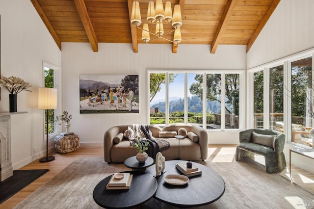 living area with wood ceiling, plenty of natural light, vaulted ceiling with beams, and a premium fireplace