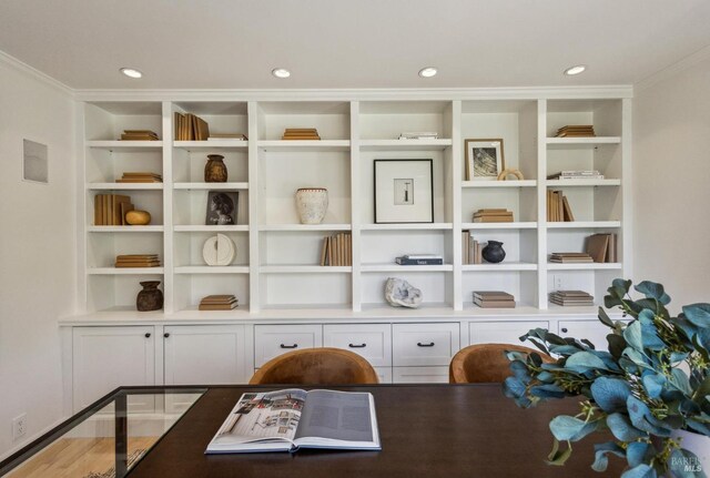 office area featuring built in features, recessed lighting, and ornamental molding