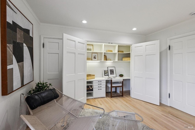 office with recessed lighting, light wood-style flooring, and ornamental molding