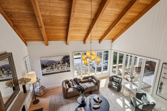 living room featuring beam ceiling, wood ceiling, wood finished floors, and a chandelier