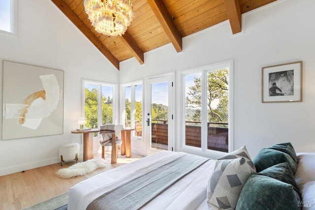 bedroom featuring access to exterior, beamed ceiling, wood ceiling, and wood finished floors