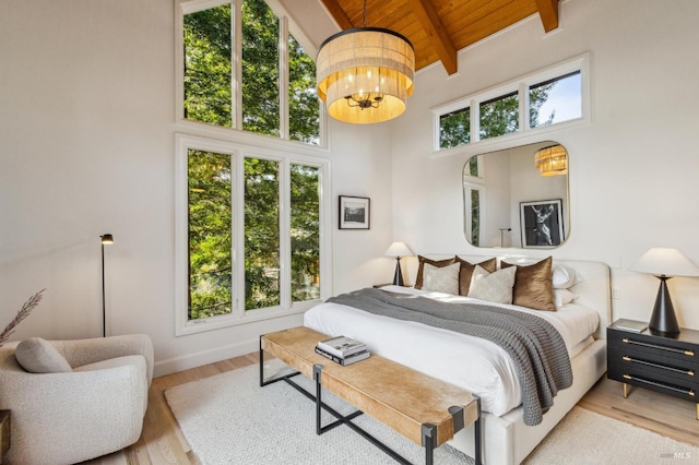 bedroom with multiple windows, beam ceiling, and wood finished floors