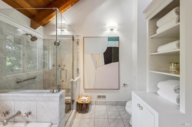 full bath featuring visible vents, toilet, a stall shower, lofted ceiling, and wood ceiling