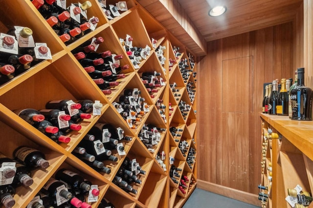 wine area featuring wooden walls