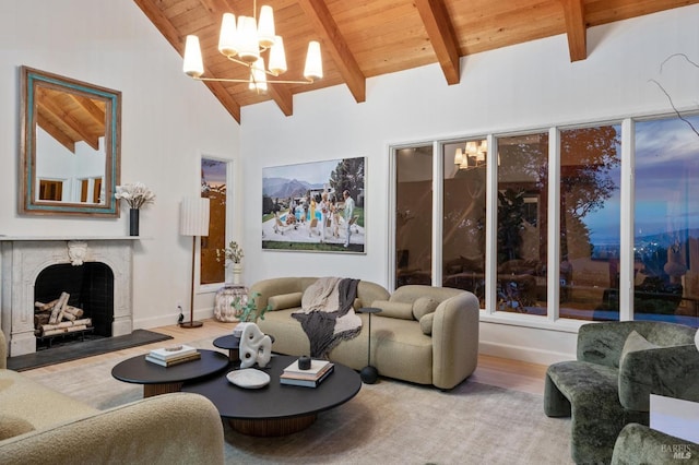 living area with a high end fireplace, wood ceiling, beam ceiling, an inviting chandelier, and wood finished floors