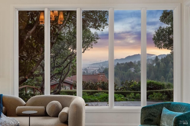 interior space with a mountain view