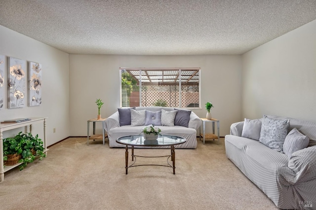 carpeted living area with a textured ceiling