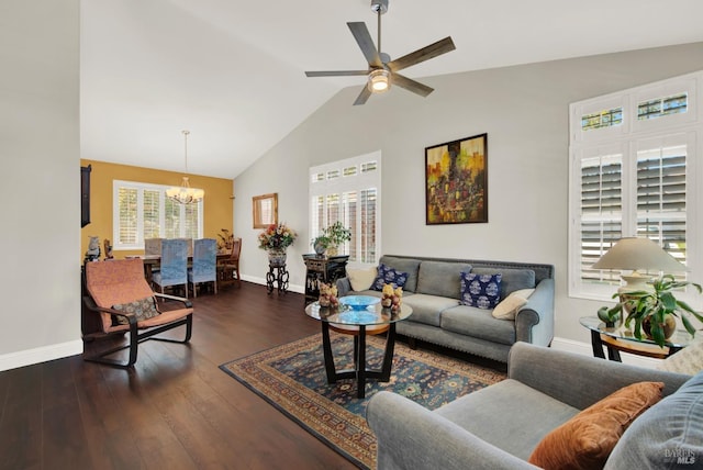 living area featuring baseboards, wood-type flooring, high vaulted ceiling, and ceiling fan with notable chandelier