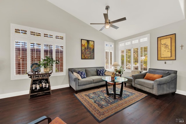 living area featuring ceiling fan, baseboards, lofted ceiling, and wood finished floors