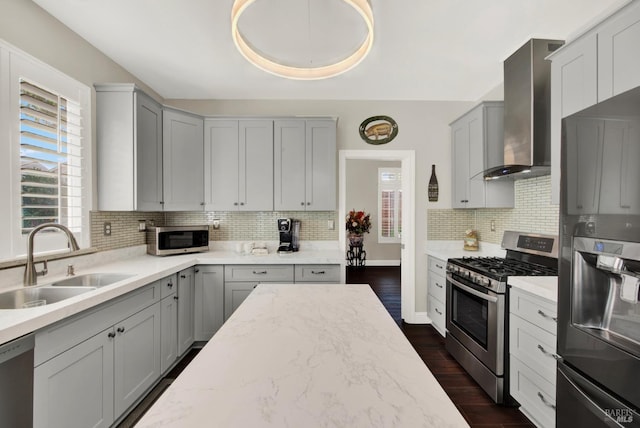 kitchen featuring gray cabinetry, a sink, backsplash, appliances with stainless steel finishes, and wall chimney exhaust hood