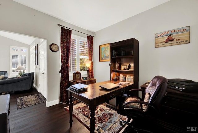 office area with baseboards and dark wood-style flooring