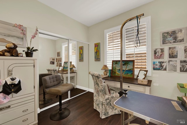 home office with dark wood finished floors and baseboards