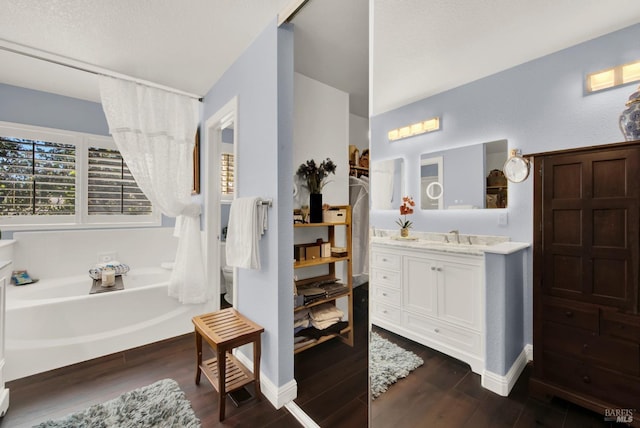 bathroom with vanity, a garden tub, and wood finished floors