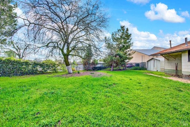 view of yard with an outdoor structure, a storage unit, and fence