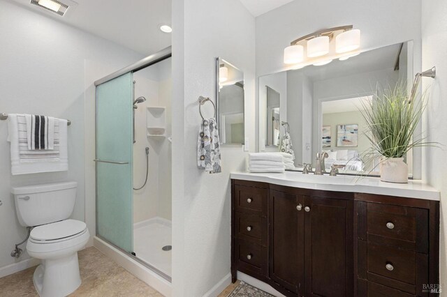 full bathroom with toilet, visible vents, vanity, and a stall shower