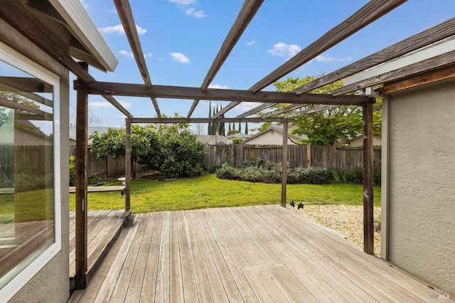 wooden terrace with a lawn and a fenced backyard
